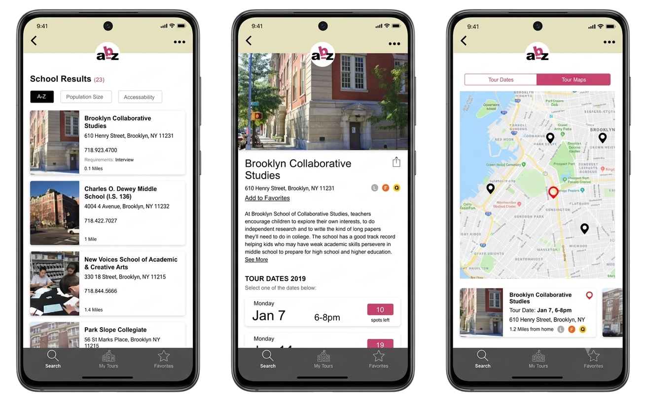 Middle school app interface screens